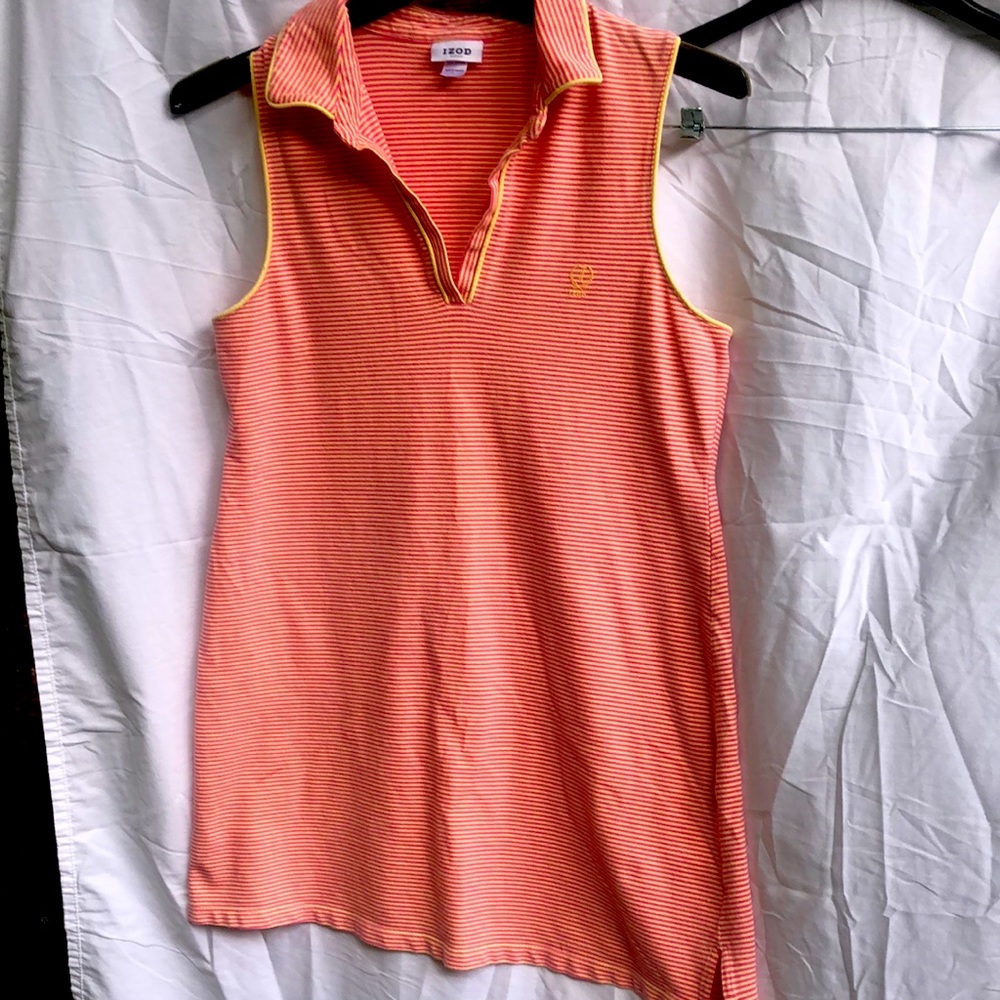 Sleeveless LG,  Izod shift dress, pink/yellow stripe.. 19 1/2x 31”